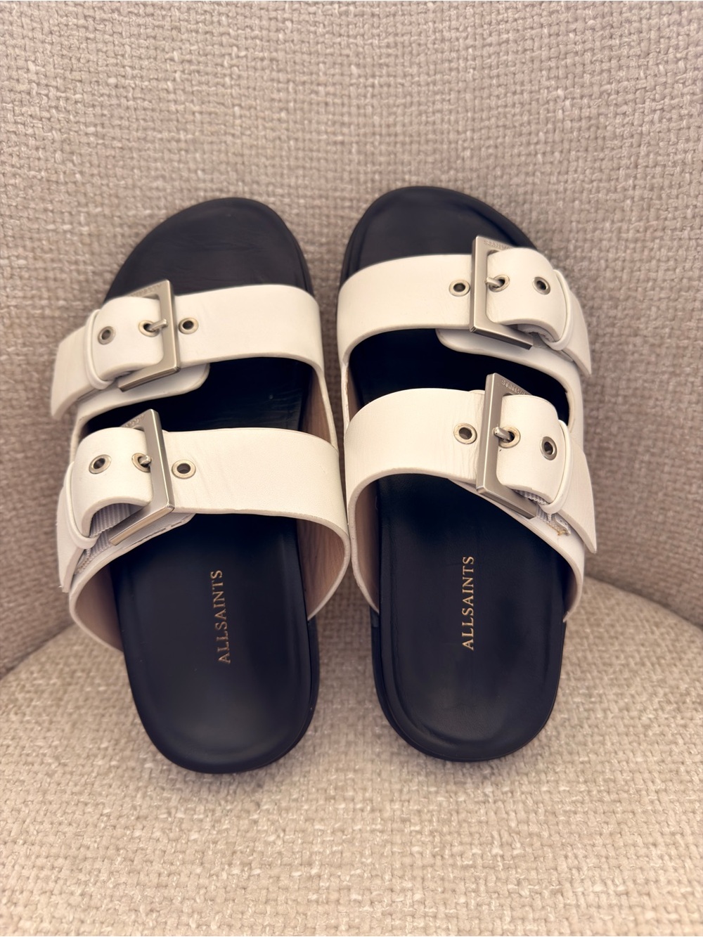 AllSaints White Leather Double-Buckle Slide Sandals with Black Footbed